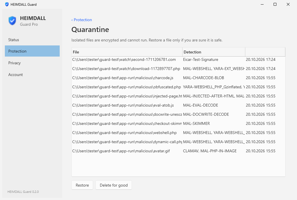 The encrypted quarantine with restore