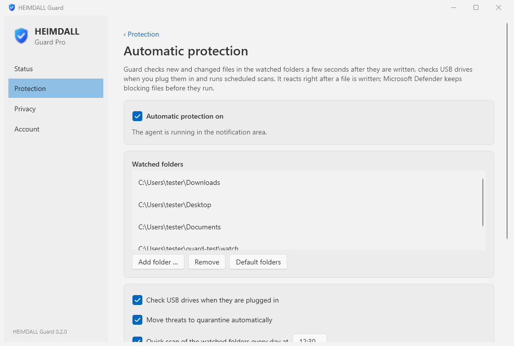 Automatic shields: watched folders, USB drives, schedules (Pro)